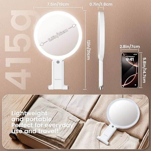 7.5" Large Travel Mirror with Light, Rechargeable 10X/1X Magnifying Mirror White