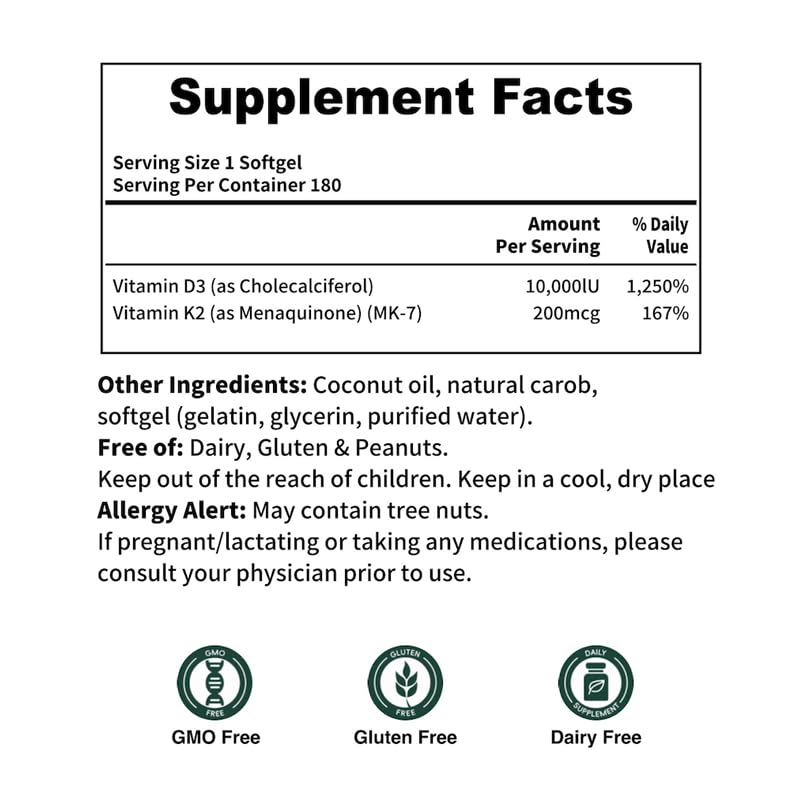 d3 k2 Vitamin 10000 iu, 180 Coconut Oil Softgels | 2 in 1 Vitamins Supplement D3 10000 IU & K2 (MK7) 200 mcg, Easy to Swallow, Supports Calcium Absorption, Bone Immune, & Heart Health 180softgels