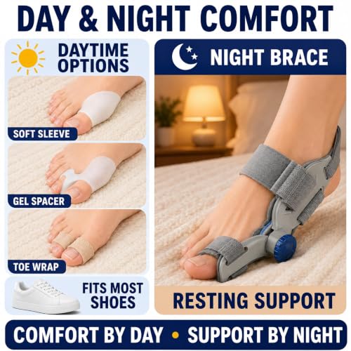 Bunion Corrector for Women & Men, All-in-One Bunion Fix Kit with Toe Separator, Arch Support & Hot Cold Gel Pad, Adjustable Bunion Splint Big Toe Straightener for Hallux Valgus Relief Day Night Use (1) 1