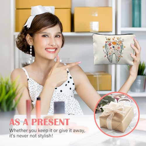 Dentist Gifts Makeup Bag for Women, Dental Assistant Hygienist Gifts Cosmetic Bag for Purse, Floral Tooth Dental Makeup Zipper Pouch
