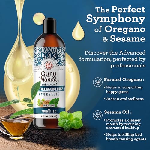 GuruNanda Advanced Oil Pulling & Coconut Oil Pulling Bundle with Toothbrush, Tongue Scraper - for Happy Teeth & Gums & Bad Breath