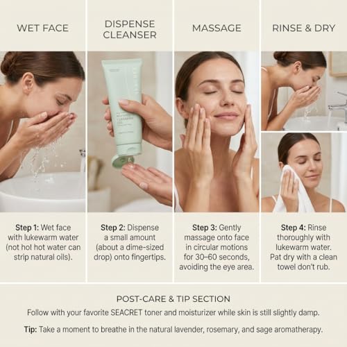 SEACRET Dead Sea Reviving Cleansing Gel - Gentle Facial Cleanser with Fruit AHAs & Minerals, Hydrating Foaming Face Wash, Naturally Scented with Lavender & Sage, All Skin Types, 3.4 Fl Oz / 100 ml