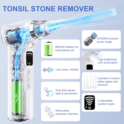 Tonsil Stone Remover, 12-in-1 Tonsil Stone Removal Kit with 5 Adjustable Suction Levels, Built-in LED Light, One-Touch Pause, 5X Magnifying Mirror, Electric Vacuum Suction Tool for Oral Care White