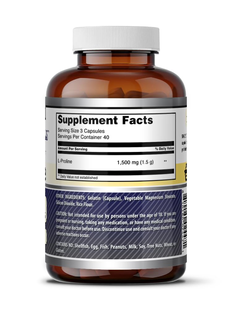 Amazing Formulas L-Proline 1500 Mg | Capsules Supplement | Non-GMO | Gluten-Free | Made in USA (1 Pack | 120 Count)