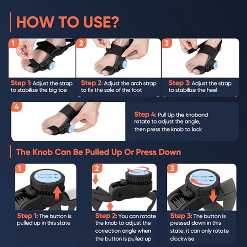 Bunion Corrector for Women & Men, Adjustable Knob Dual-Action Bunion Splint with Silicone Pad - Orthopedic Toe Straightener & Separator for Hallux Valgus Relief, Fits Left/Right Feet (Black) Black