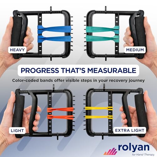 Rolyan Ergonomic Hand Exerciser with Padded Handle, Adjustable Squeeze Tool, 4 Pairs of Rubber Bands for Progressive Resistance, Improves Hand Grip Strength in Fingers, Hand, & Thumb, Black