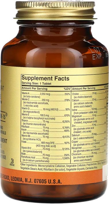 Solgar Iron-Free Formula VM-75, 90 Tablets - Vitamins A, B6, B12, C, D, E | Multivitamin with Chelated Minerals, Biotin, Magnesium, Calcium, Zinc - Vegan, Gluten & Dairy-Free, Kosher - 90 Servings Unflavored 90 Count (Pack of 1)