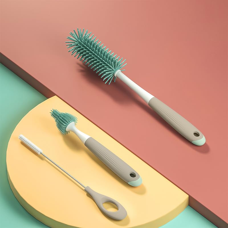 Silicone Bottle Brush Cleaning Set, Gray, Nipple Cleaner, Straw Brush, includes Drying Rack Stand.