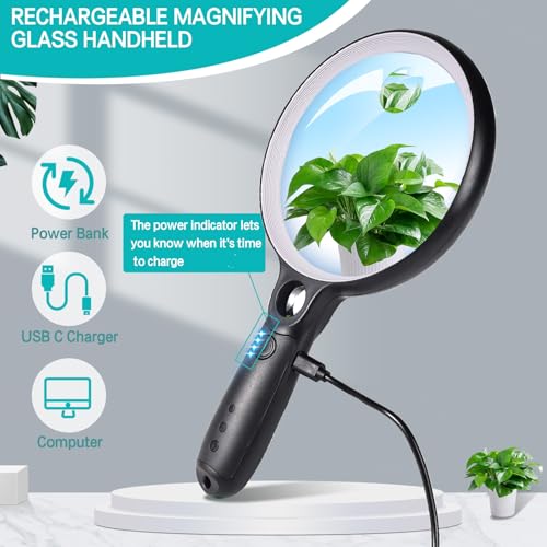 Large Magnifying Glass with 37 LED Light, 10X 20X 45X Handheld Illuminated White & Black Magnifier with Light (No Case)