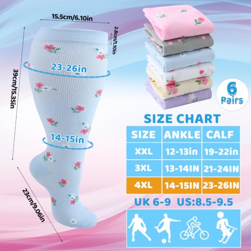 Jspupifip 6 Pairs Plus Size Compression Socks for Women, Wide Calf 4X-Large White, Blue, Pink, Gray, Beige, Purple