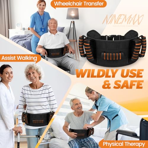 NINEMAX Gait Belt with 7 Handles, Adjustable Transfer Belt for Seniors Orange