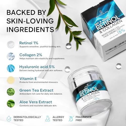 Face Moisturizer Retinol Cream, Anti Aging Neck Firming, [2Pack] Collagen Day & Night Face Cream with Hyaluronic Acid for Women & Men, 3.7 Fl Oz 1.85 Fl Oz (Pack of 2)