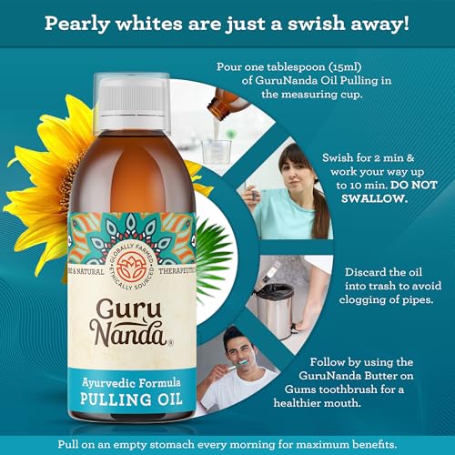 GuruNanda Original Oil Pulling with Tongue Scraper & Teeth Whitening Strips - 7 Treatments with 14 Strips - Enamel-Safe Strips for Sensitive Teeth