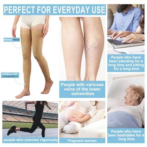 Medical Thigh High Compression Socks Footless for Women and Men (Pair), 15-20 mmHg with Silicone Dot Band, Medical Compression Stockings for Varicose Veins XL BEIGE