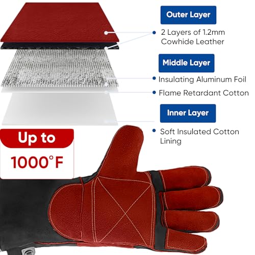 TICONN Welding Gloves, 16 IN L/XL/XXL 1000°F Heat-Resistant Fireproof Leather Gloves for Welders, Stick, Forge, Mig, Tig, BBQ 16" - L Black/Red