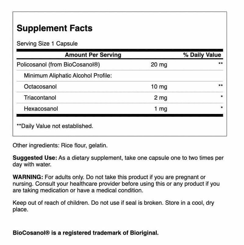 Swanson Policosanol - Supplement Helps Support Cardiovascular Health - All Natural Formula Aids Good Heart Health & Function - Helps Maintain Healthy Cholesterol Levels (60 Capsules, 20mg each) 2 Pack 60 Count (Pack of 2)