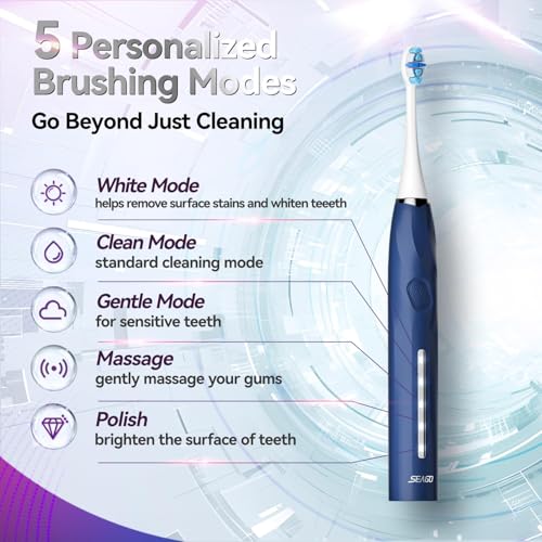 SEAGO Electric Toothbrush with Pressure Sensor for Adults, 8 Heads Navy