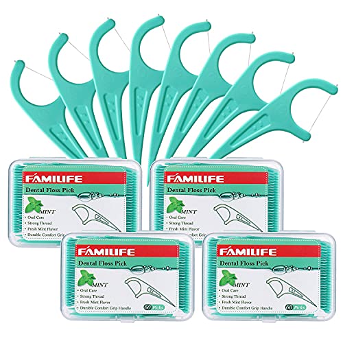 FAMILIFE Floss Picks Mint Dental Floss Picks with 4 Travel Handy Cases 240 Count Flossers and 204 Picks Kid's Dental Floss Picks Fluoride Free