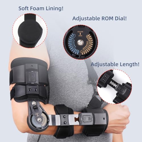 Hinged ROM Elbow Brace Adjustable Post OP Elbow Support - Arm Stabilizer Splint for Surgery, Dislocation, Ligament & Tendon Repair Recovery w/Sling Fits Men & Women (Right) Right