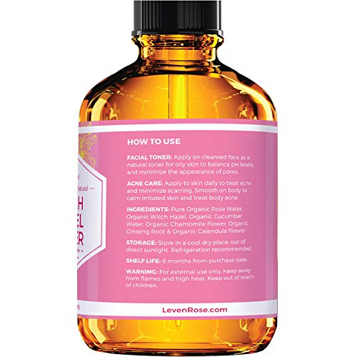 Witch Hazel Alcohol Free Toner by Leven Rose, 100% Pure Organic Facial Rose Water with Rose Petals, Calendula, Cucumber, and Chamomile Flower 4 oz 4 Fl Oz (Pack of 1)