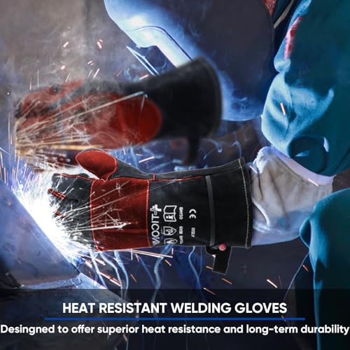 TICONN Welding Gloves, 16 IN L/XL/XXL 1000°F Heat-Resistant Fireproof Leather Gloves for Welders, Stick, Forge, Mig, Tig, BBQ 16" - L Black/Red