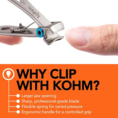 KOHM Nail Clippers Set for Thick Nails - Heavy Duty, Wide Mouth Professional Fingernail and Toenail Clippers for Men, Women & Seniors, Silver