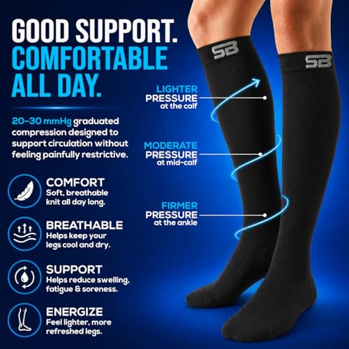 SB SOX Compression Socks for Men & Women (20-30mmHg) Large Solid Black