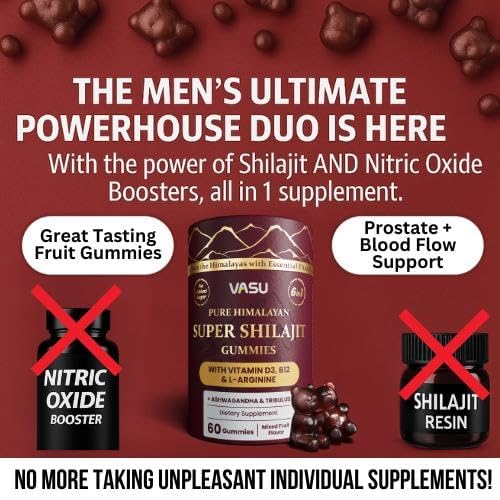 Vasu 6 in 1 Pure Himalayan Gold Shilajit Gummies for Men & Women with Vitamin D3 & B12, L-Arginine, Ashwagandha & Tribulus - Sugar Free Shilajit Resin - 60 Counts for Energy Support - Lab Tested