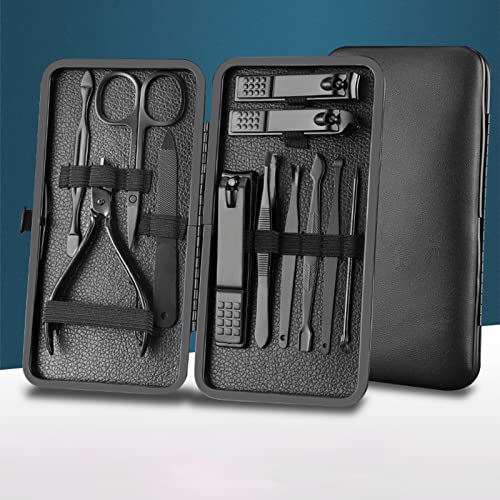 Manicure Set Nail Clippers Pedicure Kit -12PCS Stainless Steel Manicure Kit, Professional Mens Grooming Kits, Nail Care Tools with Luxurious Travel Leather Case Gift Box (12, Black) 12