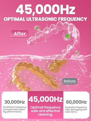 Dental Ultrasonic Retainer Cleaner Machine: Nicwell 200ML Dental Cleaning Pod for Denture, Mouth Guard, Night Guard, Braces, Tray, Aligner 45kHz Cleaner with Protection Design & Digital Timer Pink