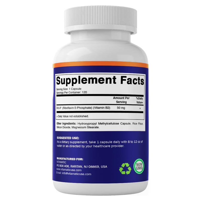 Vitamatic R-5-P Riboflavin-5-Phosphate (Vitamin B2) 50 mg | 120 Capsules | High Potency, Easy-to-Swallow Vegetarian Capsules (Pack of 2) 120 Count (Pack of 2)