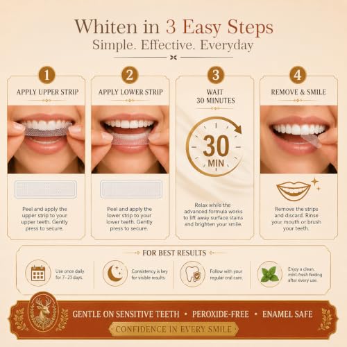 MasterMedi 3-in-1 Formula Teeth Whitening Strips Kit, 42 Strips (21 Treatments) with PAP, Nano Hydroxyapatite & Xylitol. Enamel Safe, Peroxide-Free, No-Slip Technology for Sensitive Teeth (Clean Mint)