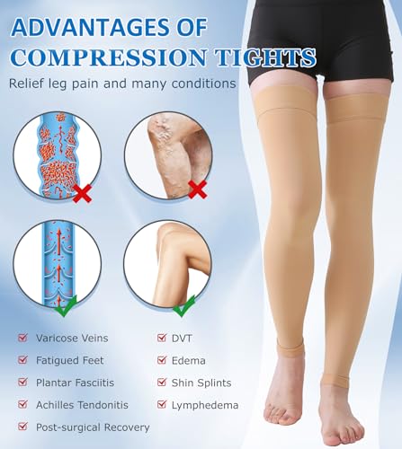 MGANG 20-30mmHg Thigh High Compression Sleeves for Varicose Veins, Edema 20-30mmhg Beige Large (1 Pair)