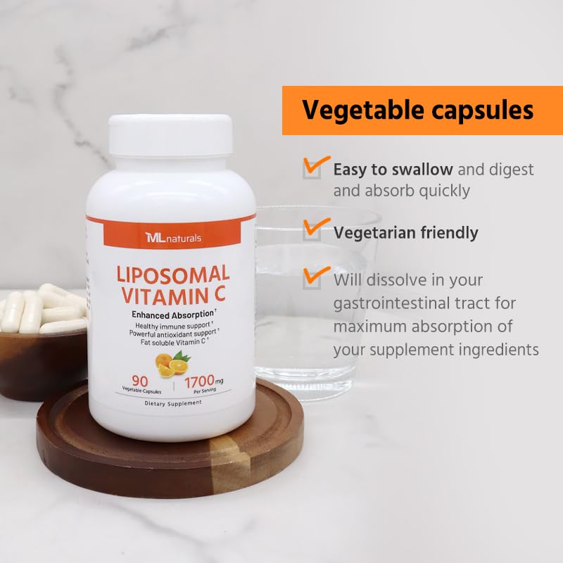 ML Naturals Liposomal Vitamin C 1,700mg, 90 Vegetable Capsules | High-Potency, Long-Lasting Effect, Gluten-Free 90 Count (Pack of 1)