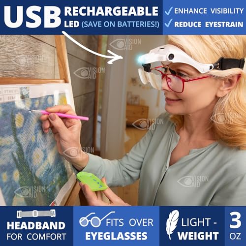 Vision Aid Magnifying Glasses with LED Light, 5 Lenses, Headband, Storage Case | Hands Free Lighted Head Mount Magnifier for Hobby Crafts Macular Degeneration Cross Stitch Diamond Painting Close Work USB Rechargeable - Expert Set