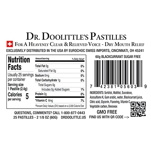Dr. Doolittle’s Sugar Free Soft Fruit Pastilles for Voice and Throat, Blackcurrant Flavor, 2.12 Ounce Tin, approximately 25 Count Package, 3 Pack 25 Count (Pack of 3) Blackcurrant-sf