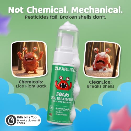 Lice Treatment for Kids & Adults – Natural Enzyme Foam Head Lice Treatment Kit, Non-Toxic Lice Killer & Super Lice Treatment, Pesticide Free Lice Removal, Fresh Peppermint, 5oz