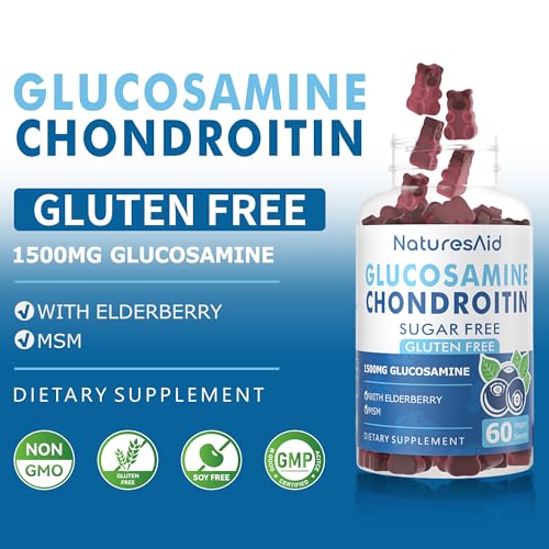 Natures Aid Glucosamine Chondroitin Gummies with MSM & Elderberry Extra Strength - Joint Support, Antioxidant Immune Support Supplement for Adults, Men & Women.(2 Pack) Blueberry 60 Count (Pack of 2)