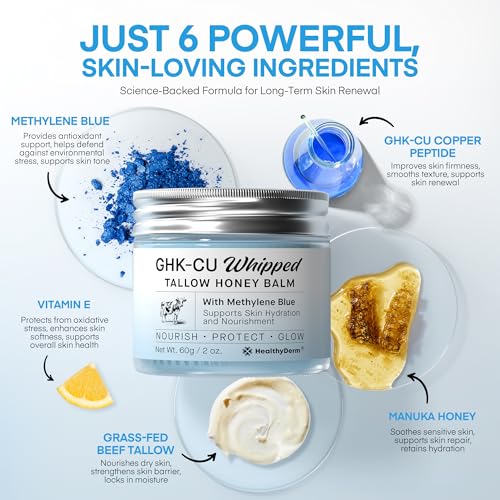 HealthyDerm Copper Peptides GHK-Cu Beef Tallow for Skin: Blue Balm with Methylene Blue, Manuka Honey & Vitamin E – Natural Face and Body Moisturizer for Mature, Dry & Sensitive Skin – 2oz 2 Ounce (Pack of 1)