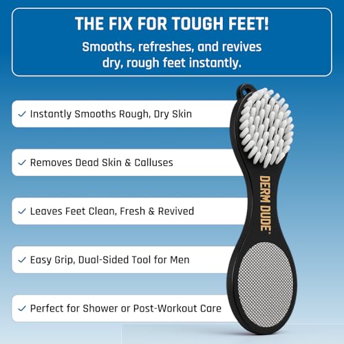 Derm Dude 4-in-1 Foot Scrubber & Heel Repair Tool | Foot File Callus Remover for Feet | Pedicure Tool with Metal File, Pumice Stone, Emery Board & Cleaning Brush to Soften & Smooth Rough, Dry Feet