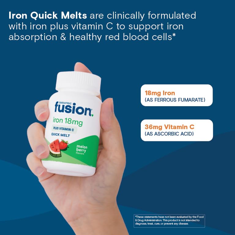 Bariatric Fusion Iron Supplement for Women Quick Melt | Sugar Free Dissolvable Chewable Iron Tablets | Ferrous Fumarate 18 mg Iron with Vitamin C | Melon Berry | Gluten, Dairy and Soy Free | 90 Count