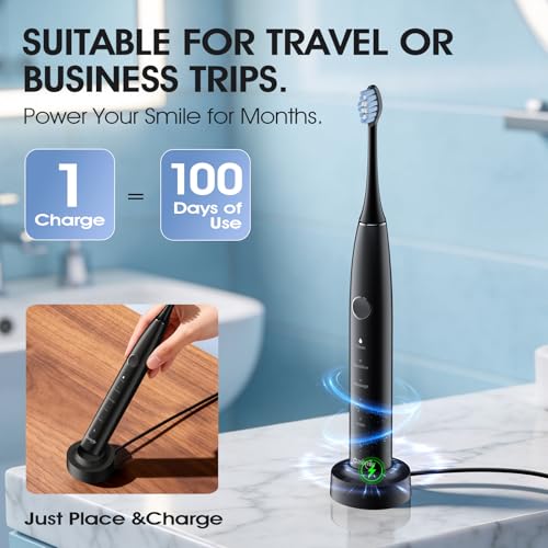 OasiSmile Sonic Electric Toothbrush, 42000 VPM Toothbrush with 6 Brush Heads & Travel Case, 5 Modes with 2 Minutes Built in Smart Timer, Wireless Charging, 100-Day Battery Life for Home Travel Black