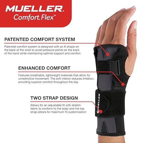 MUELLER Sports Medicine Comfort Flex Wrist Stabilizer, Wrist Pain Relief Support for Men and Women, Ideal for Carpal Tunnel, Tendinitis, Arthritis, Black, One Size