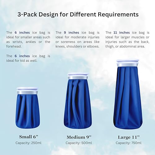 Ice Cold Pack Reusable Ice Bags Hot Water Bag for Injuries, Hot & Cold Therapy and Pain Relief with Elastic Breathable Support Wrap, 4-Pack, 3 Sizes (6"/9"/11") For Hot Therapy is 60℃ (4 IN 1) Multi-Size