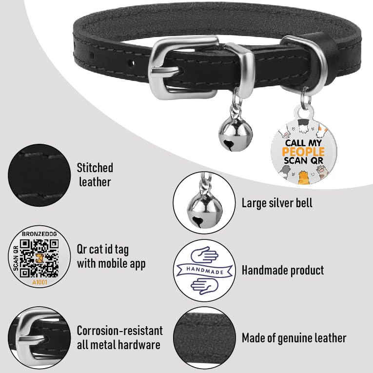 BRONZEDOG Leather Cat Collar with Bell Non-Tearable QR Tag for Girls and Boys (Black and Silver, 23-28cm) Black and Silver 23-28cm - BeesActive Australia