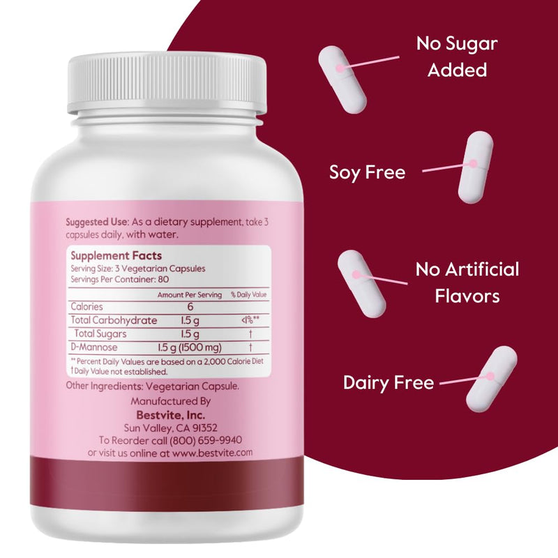 BESTVITE D-Mannose 500mg (240 Veg Caps) - Corn Free - No Fillers - Vegan | No Stearates - Non GMO - Gluten Free - Urinary Tract Health* - From Birch Bark