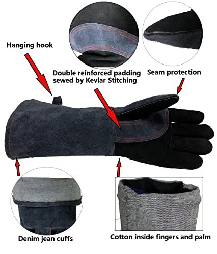 Welding Gloves Large 16 Inches 932℉ Heat Resistant Leather Forge/Mig/Stick Fire Resistant Gloves Black+dark Grey