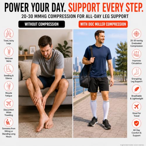 Doc Miller Open Toe Compression Socks, 20-30 mmHg, Knee High, Men & Women X-Large Black