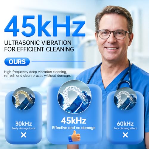 Dental Ultrasonic Retainer Cleaner Machine, 45kHz Cleaning Pod with Digital Timer & 200ML Stainless Steel Tank for Dentures, Aligners, Mouth Guards, Night Guards, Braces, Toothbrush Heads & Jewelry White