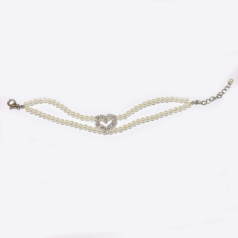 Dog Pearls Necklace Collar for Small Dogs Girl - Bling Cat Wedding Collar Pet Jewelry with Rhinestone Heart Charm - Female Chihuahua Yorkie Clothes Accessories (White, 8 to 10-Inch) Neck Size: 8"-10" White - BeesActive Australia